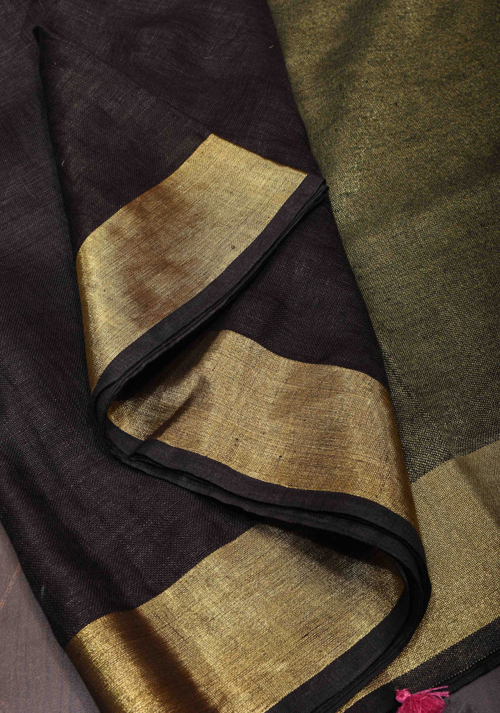 Black Linen Saree with zari border and multicolor Tassel on pallu ( No Blouse Piece )