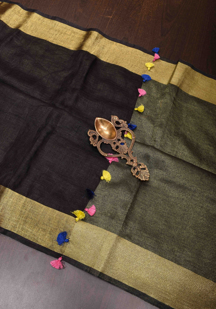 Black Linen Saree with zari border and multicolor Tassel on pallu ( No Blouse Piece )
