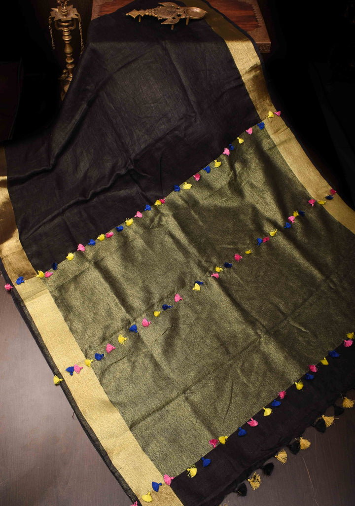 Black Linen Saree with zari border and multicolor Tassel on pallu ( No Blouse Piece )
