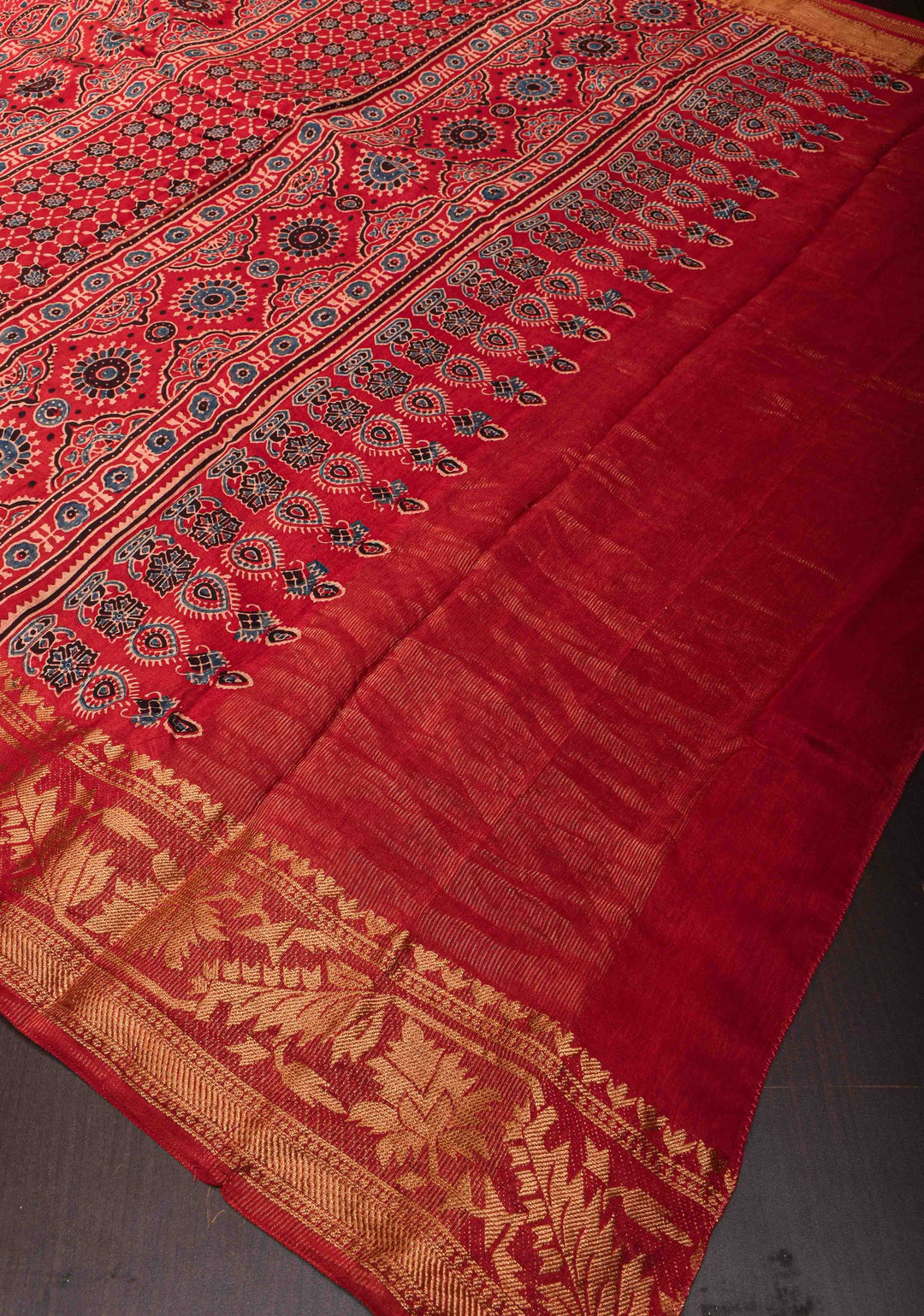 Ajrakh Hand Block Print in Red on Viscose Saree with Zari border