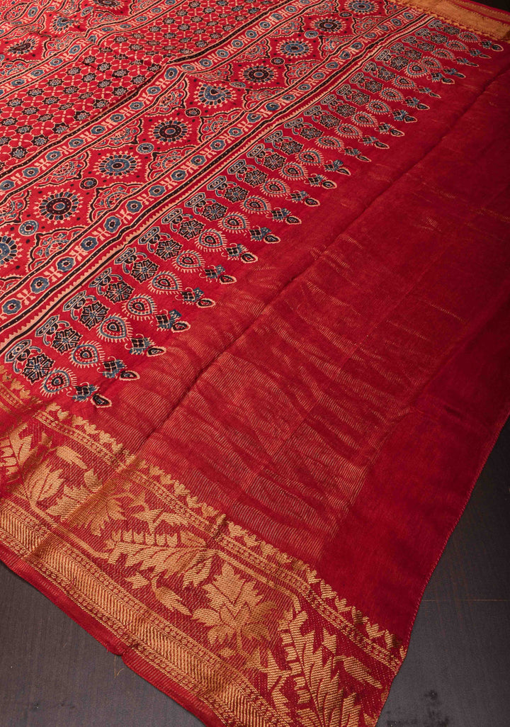 Ajrakh Hand Block Print in Red on Viscose Saree with Zari border