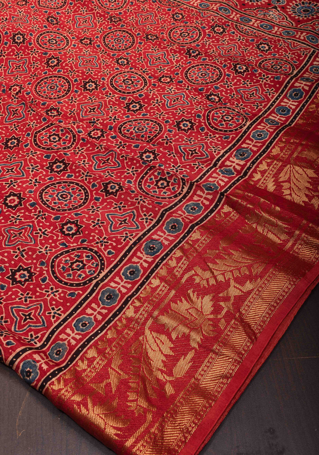 Ajrakh Hand Block Print in Red on Viscose Saree with Zari border