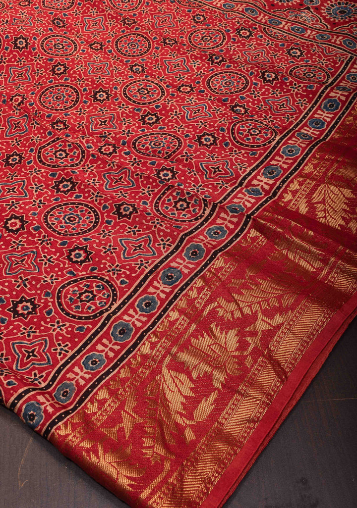 Ajrakh Hand Block Print in Red on Viscose Saree with Zari border