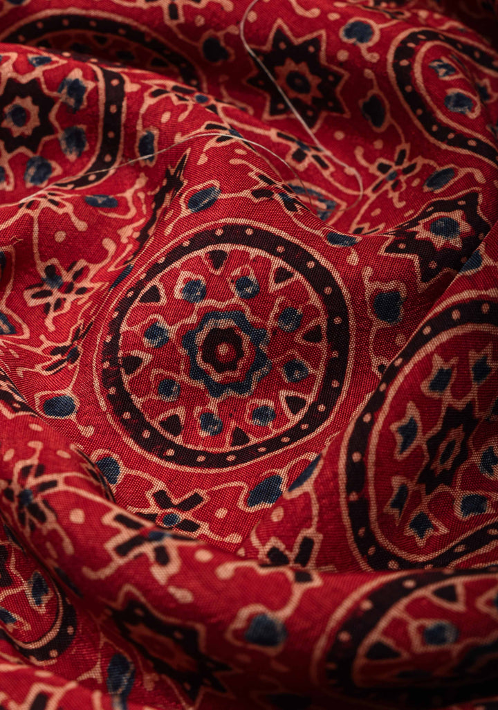 Ajrakh Hand Block Print in Red on Viscose Saree with Zari border