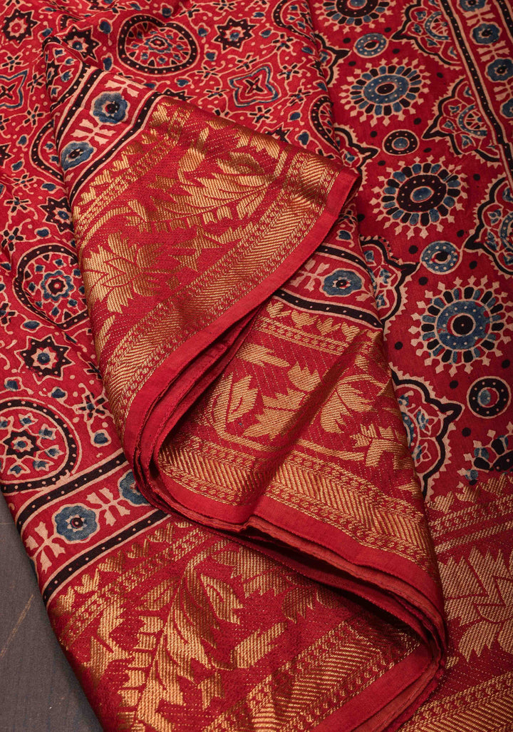 Ajrakh Hand Block Print in Red on Viscose Saree with Zari border