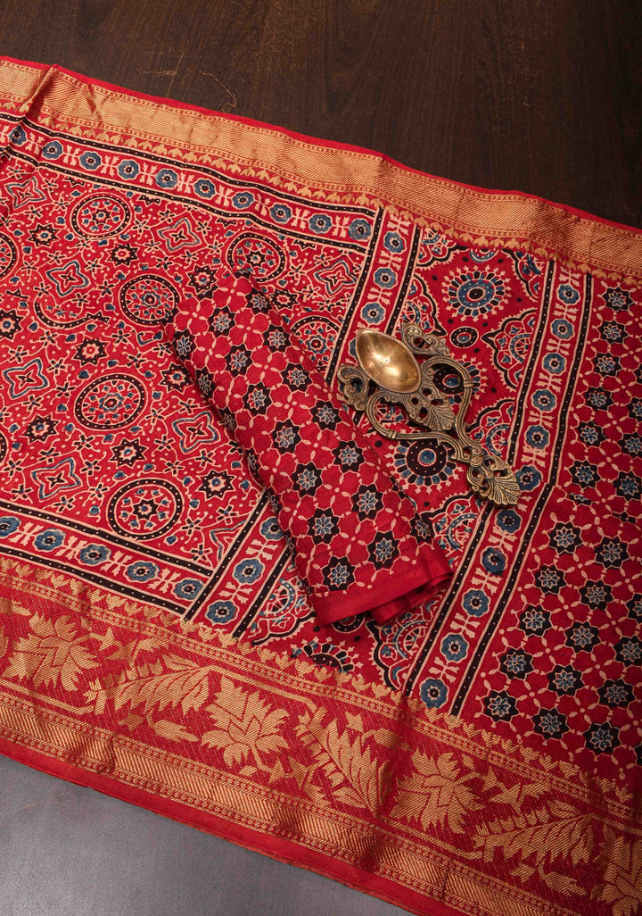 Ajrakh Hand Block Print in Red on Viscose Saree with Zari border