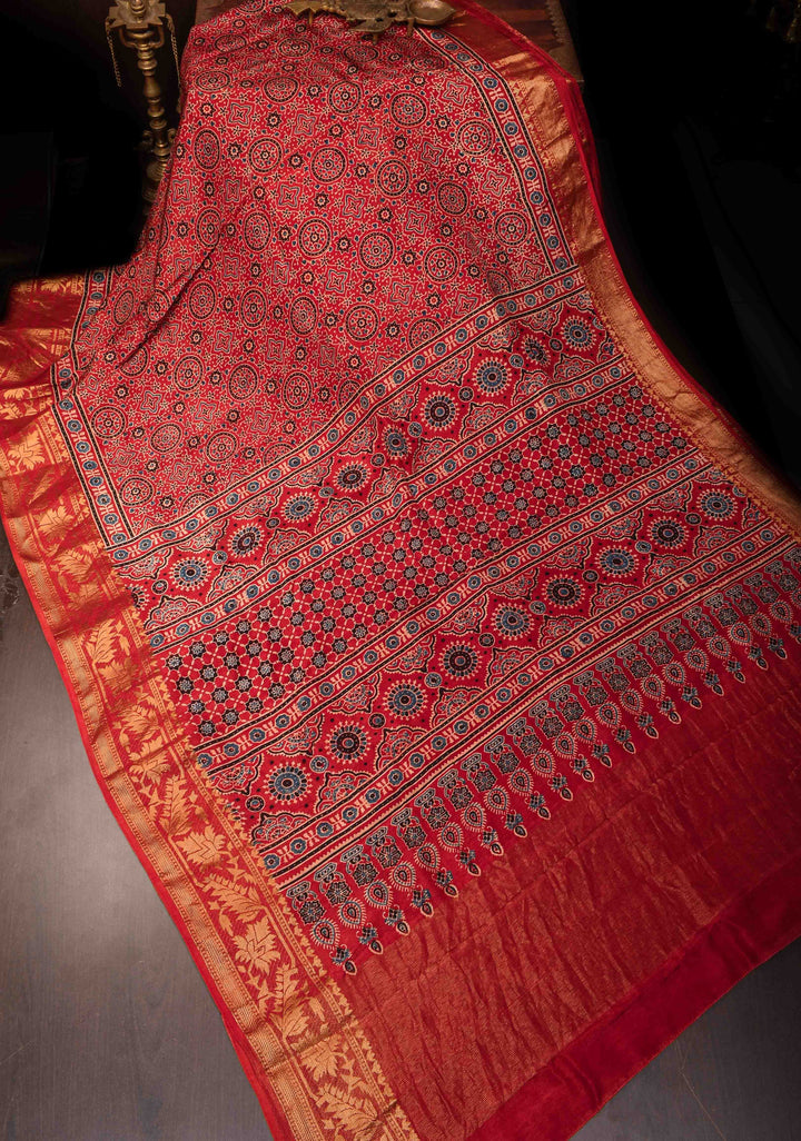 Ajrakh Hand Block Print in Red on Viscose Saree with Zari border