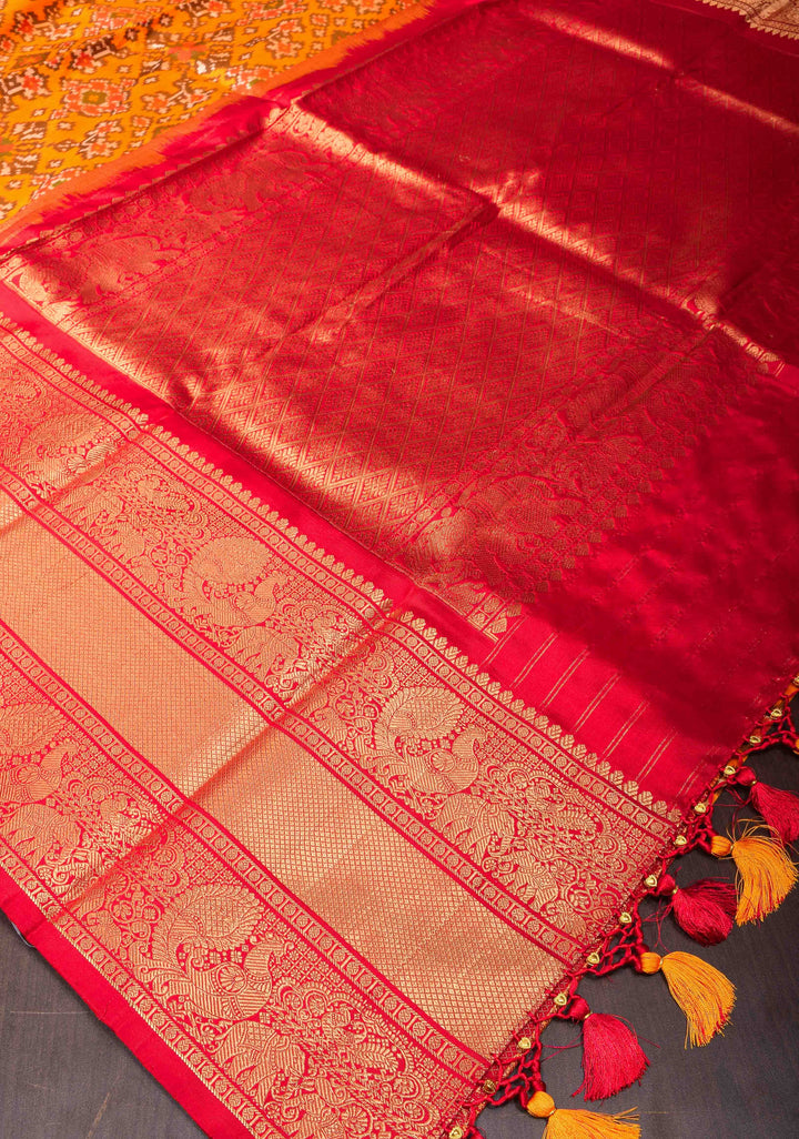 Mustard Orange Ikkat Kanjivaram Pure Silk Saree with Red contrast zari border | SILK MARK CERTIFIED