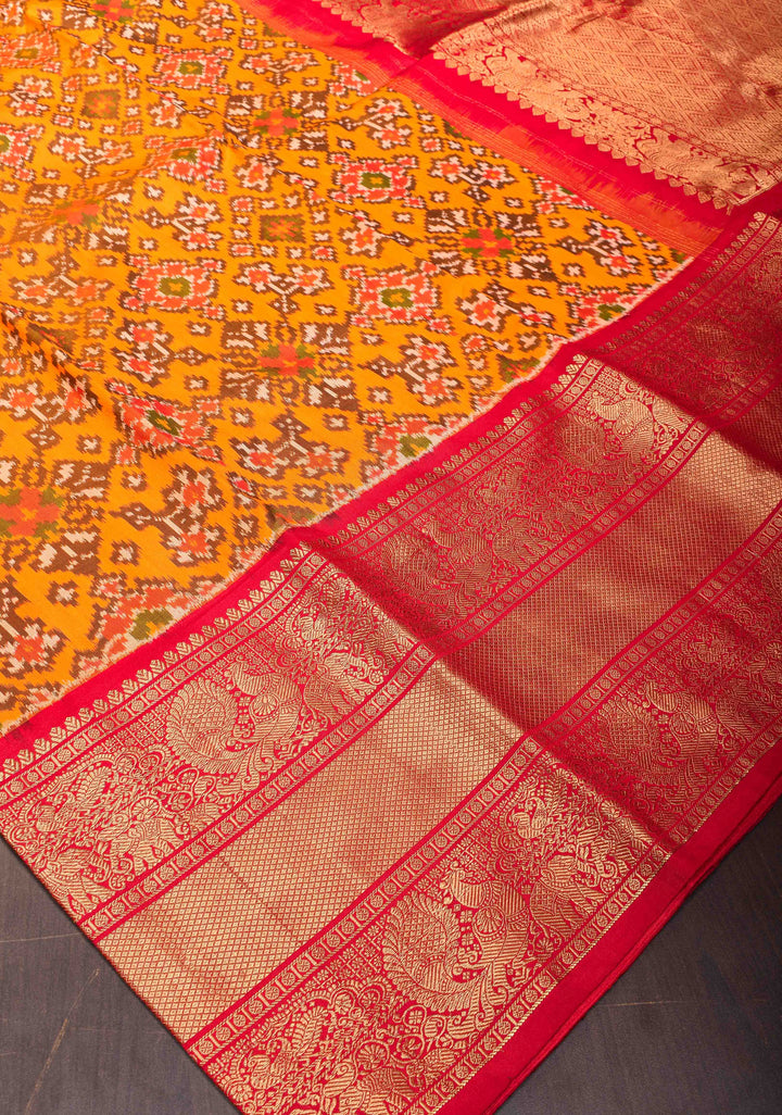 Mustard Orange Ikkat Kanjivaram Pure Silk Saree with Red contrast zari border | SILK MARK CERTIFIED