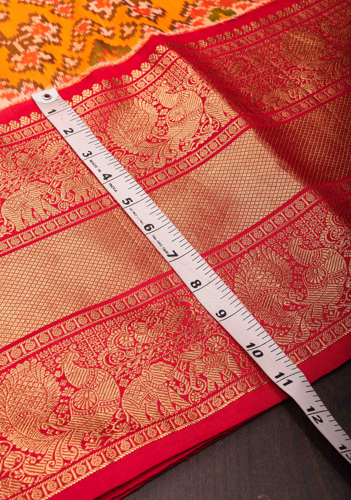 Mustard Orange Ikkat Kanjivaram Pure Silk Saree with Red contrast zari border | SILK MARK CERTIFIED