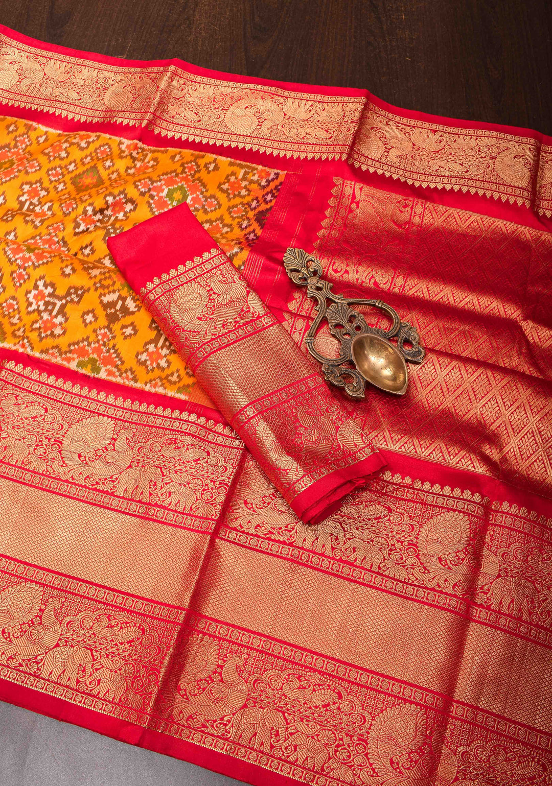Mustard Orange Ikkat Kanjivaram Pure Silk Saree with Red contrast zari border | SILK MARK CERTIFIED