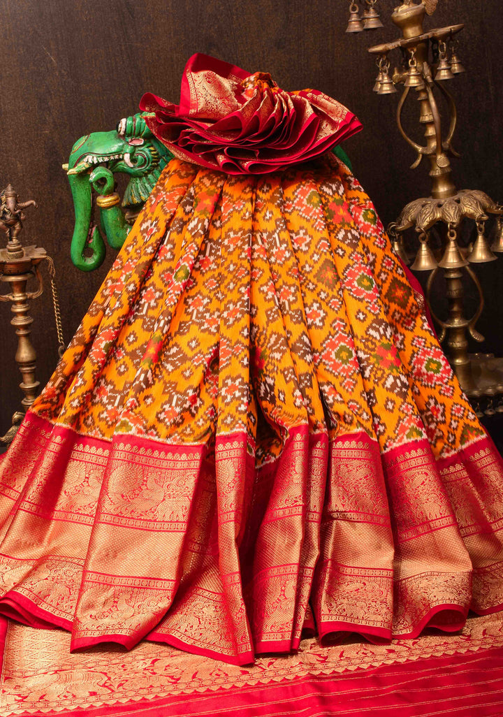 Mustard Orange Ikkat Kanjivaram Pure Silk Saree with Red contrast zari border | SILK MARK CERTIFIED