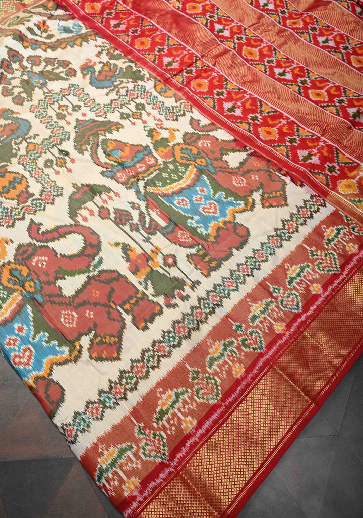 Off White Pochampally Ikkat Silk Saree with Elephant Motifs and Tissue Zari Border | SILK MARK CERTIFIED