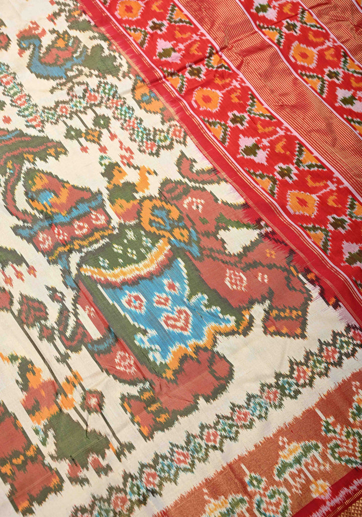 Off White Pochampally Ikkat Silk Saree with Elephant Motifs and Tissue Zari Border | SILK MARK CERTIFIED