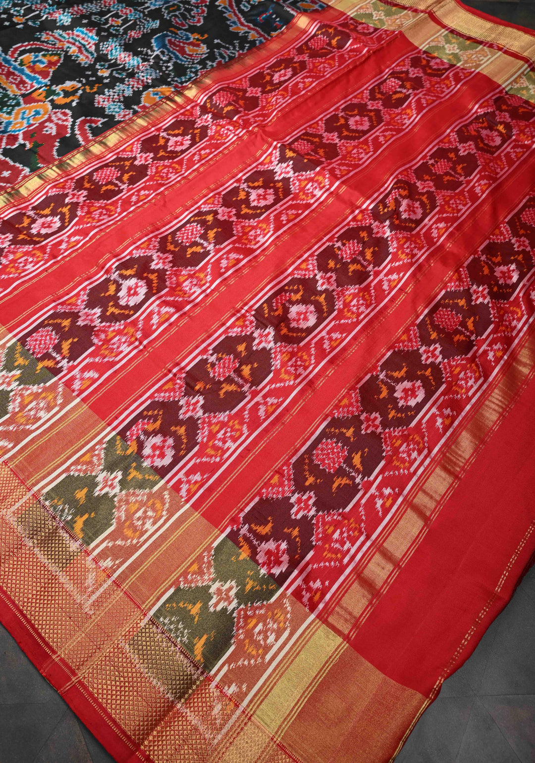 Black Pochampally Ikkat Silk Saree with Elephant Motifs and Tissue Zari Border | SILK MARK CERTIFIED