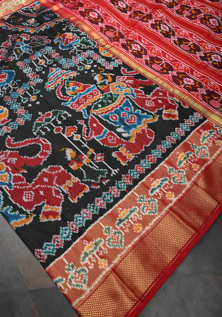 Black Pochampally Ikkat Silk Saree with Elephant Motifs and Tissue Zari Border | SILK MARK CERTIFIED