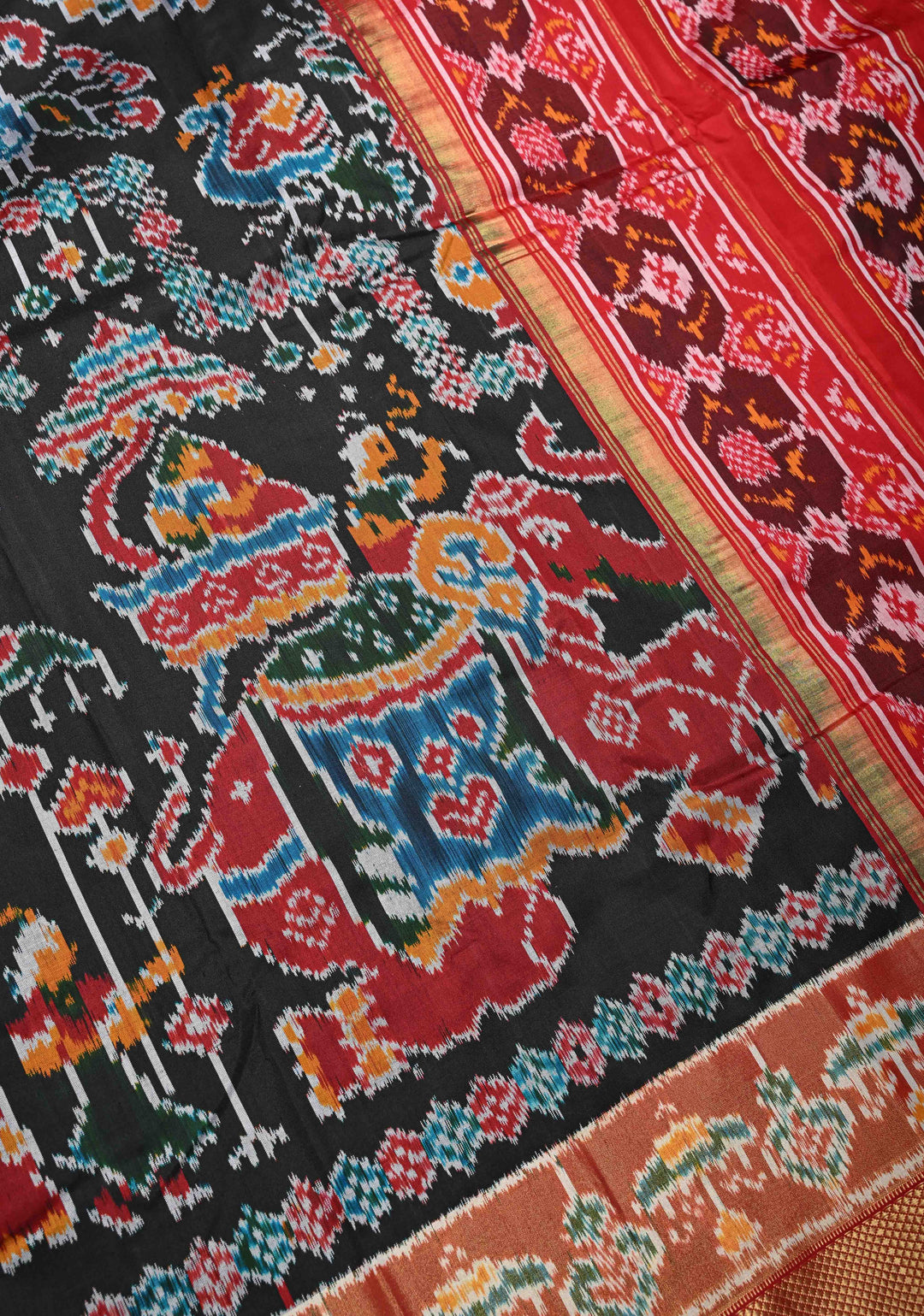 Black Pochampally Ikkat Silk Saree with Elephant Motifs and Tissue Zari Border | SILK MARK CERTIFIED