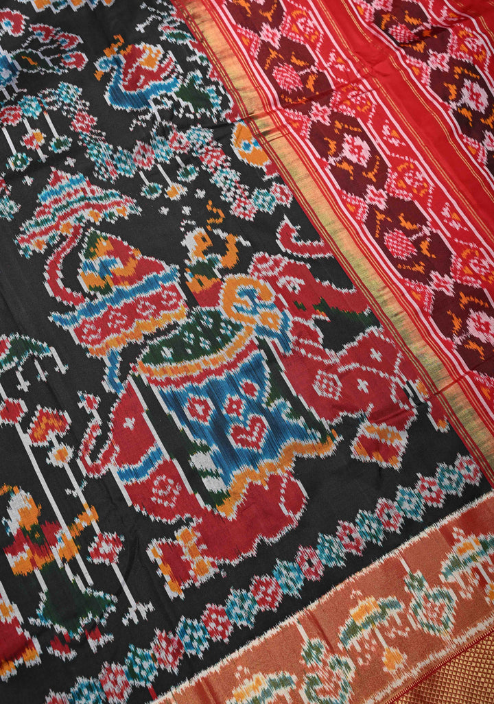 Black Pochampally Ikkat Silk Saree with Elephant Motifs and Tissue Zari Border | SILK MARK CERTIFIED
