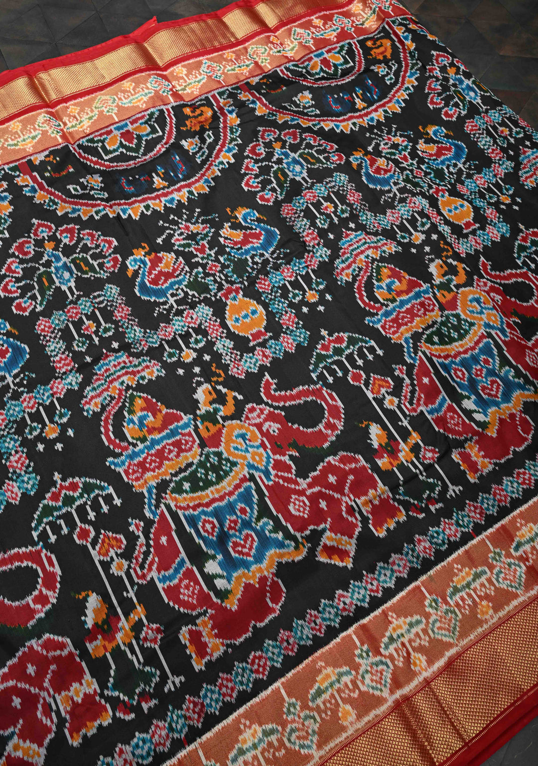 Black Pochampally Ikkat Silk Saree with Elephant Motifs and Tissue Zari Border | SILK MARK CERTIFIED