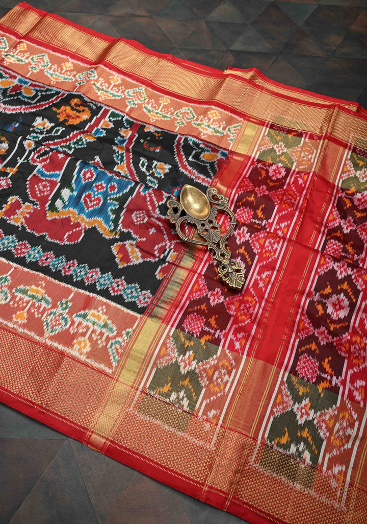 Black Pochampally Ikkat Silk Saree with Elephant Motifs and Tissue Zari Border | SILK MARK CERTIFIED