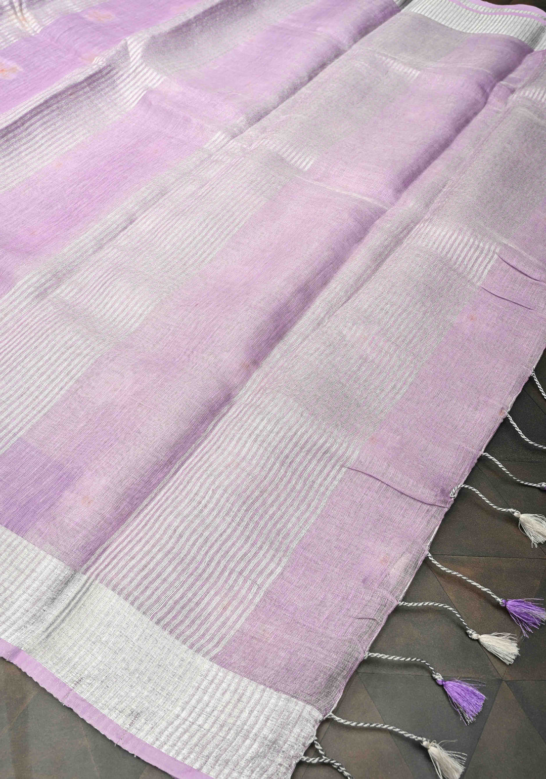 Lavender Parijaat Flower Embroidery Tissue Linen Saree