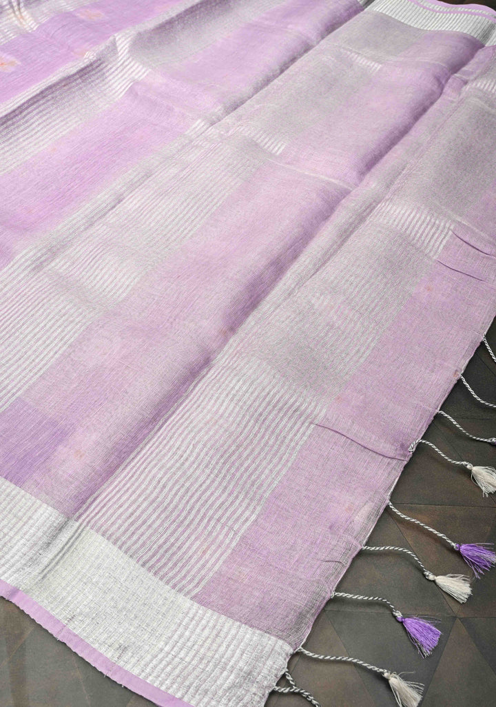 Lavender Parijaat Flower Embroidery Tissue Linen Saree