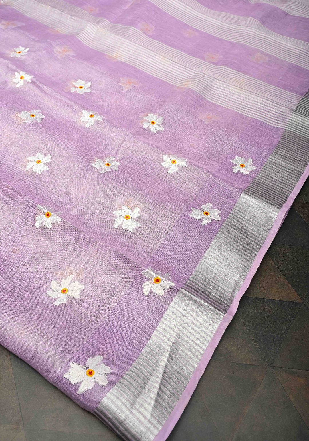 Lavender Parijaat Flower Embroidery Tissue Linen Saree