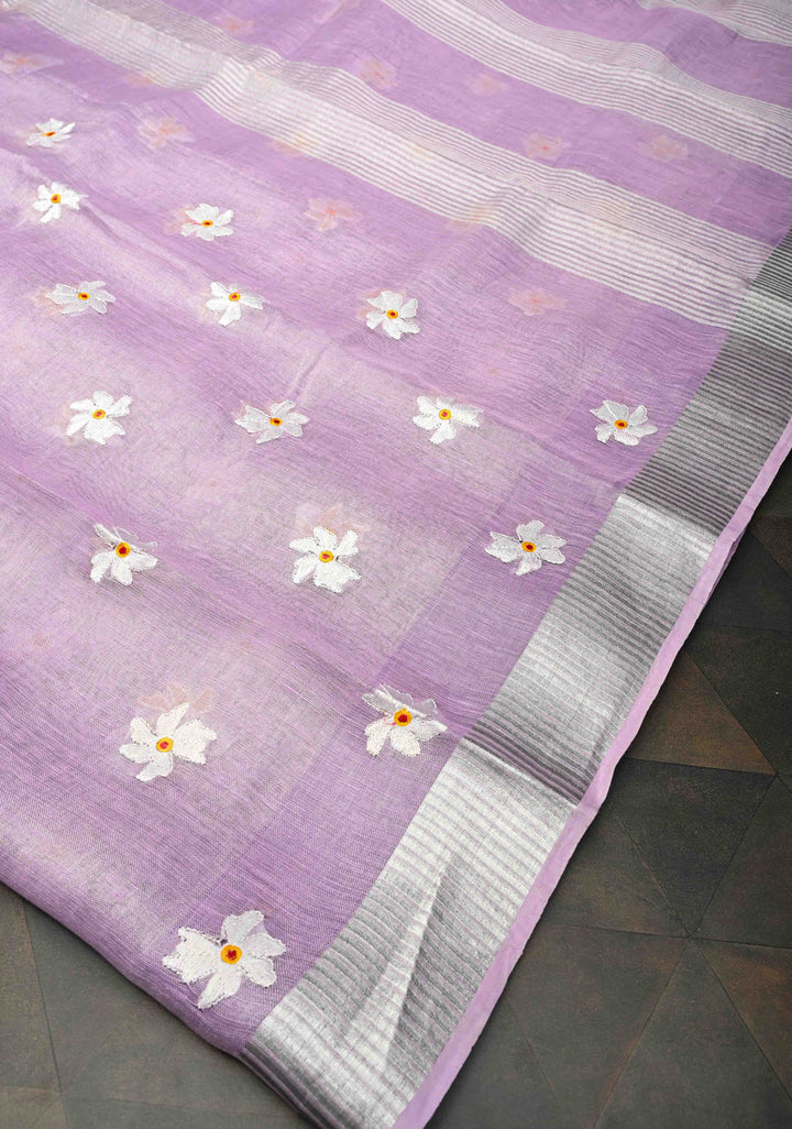 Lavender Parijaat Flower Embroidery Tissue Linen Saree
