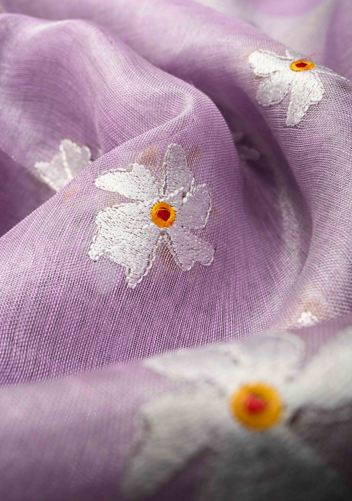 Lavender Parijaat Flower Embroidery Tissue Linen Saree
