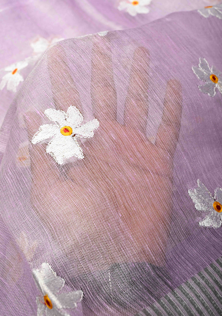 Lavender Parijaat Flower Embroidery Tissue Linen Saree