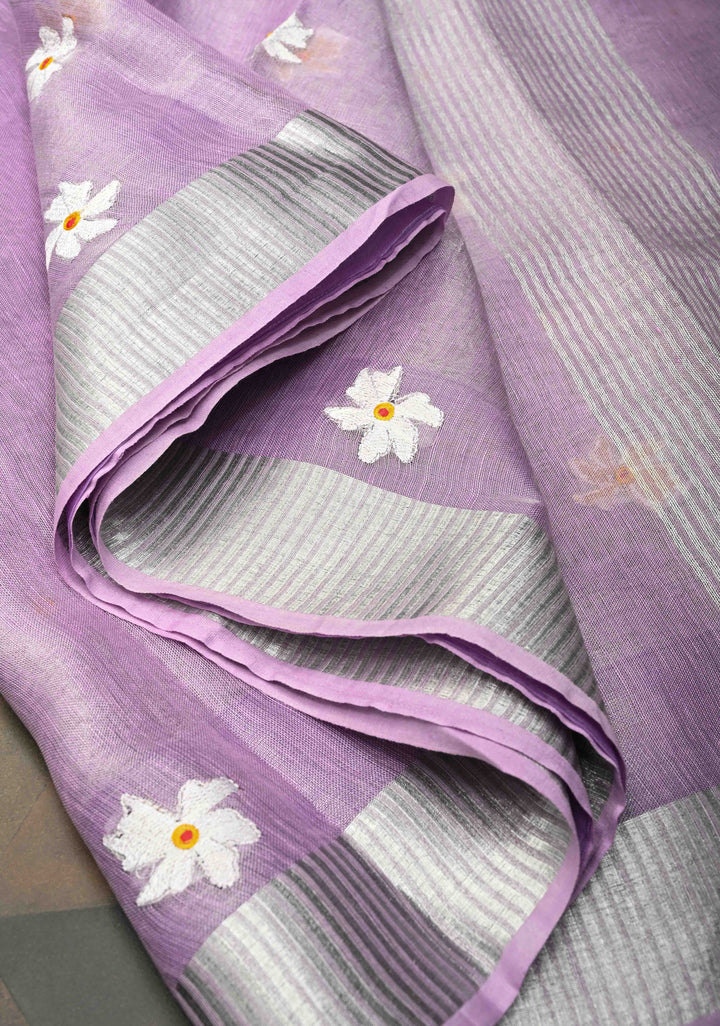 Lavender Parijaat Flower Embroidery Tissue Linen Saree