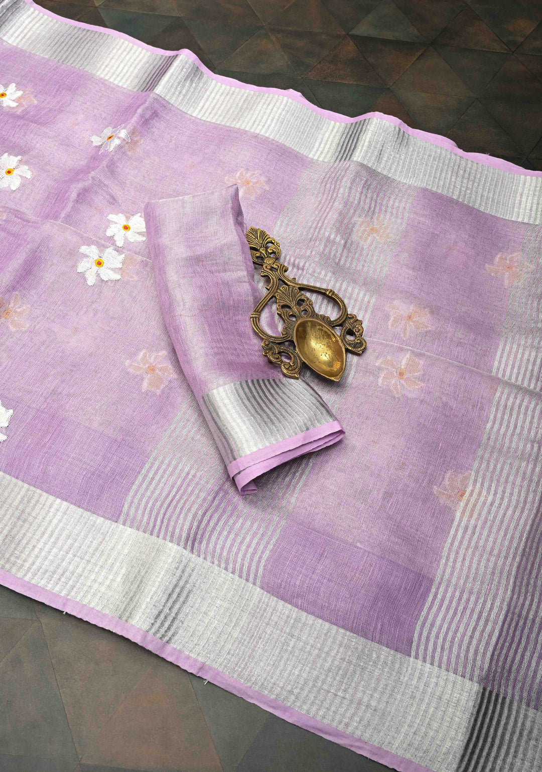 Lavender Parijaat Flower Embroidery Tissue Linen Saree