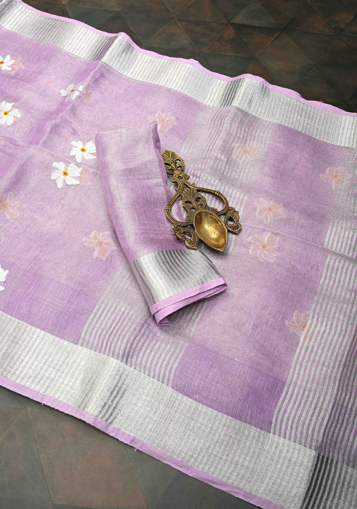 Lavender Parijaat Flower Embroidery Tissue Linen Saree