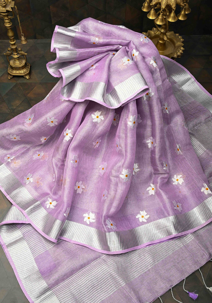 Lavender Parijaat Flower Embroidery Tissue Linen Saree