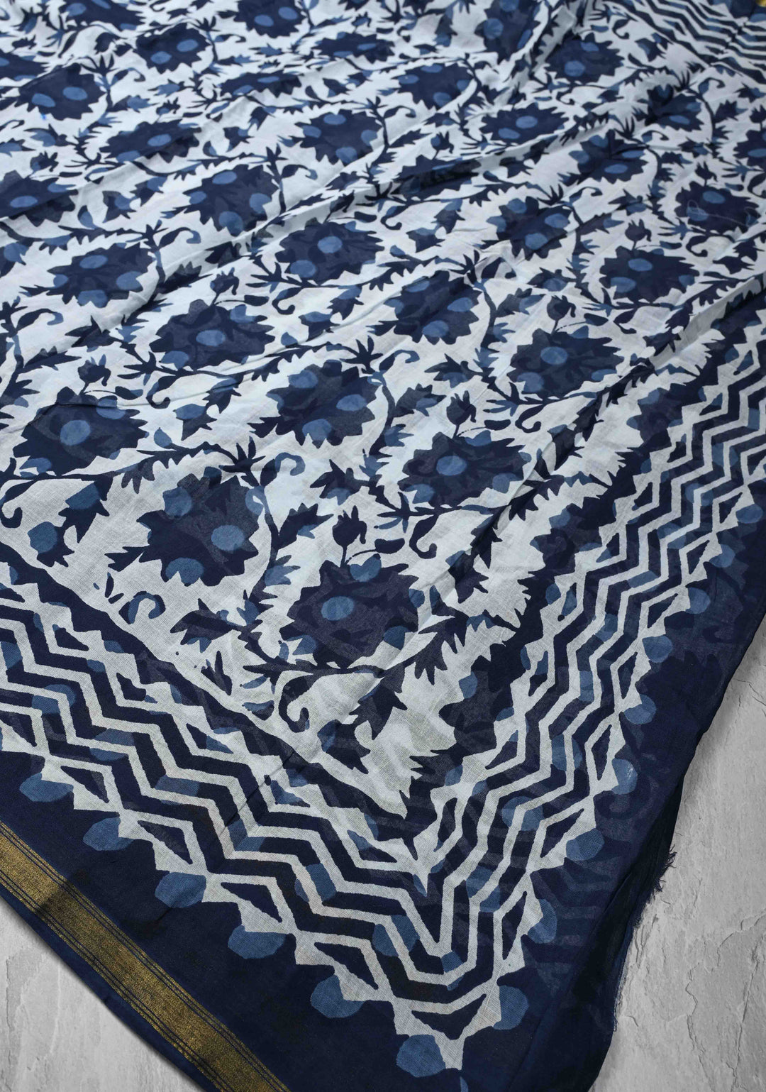 White Pure Chanderi Cotton Saree with Floral Hand Block Print and Minimal Zari Border