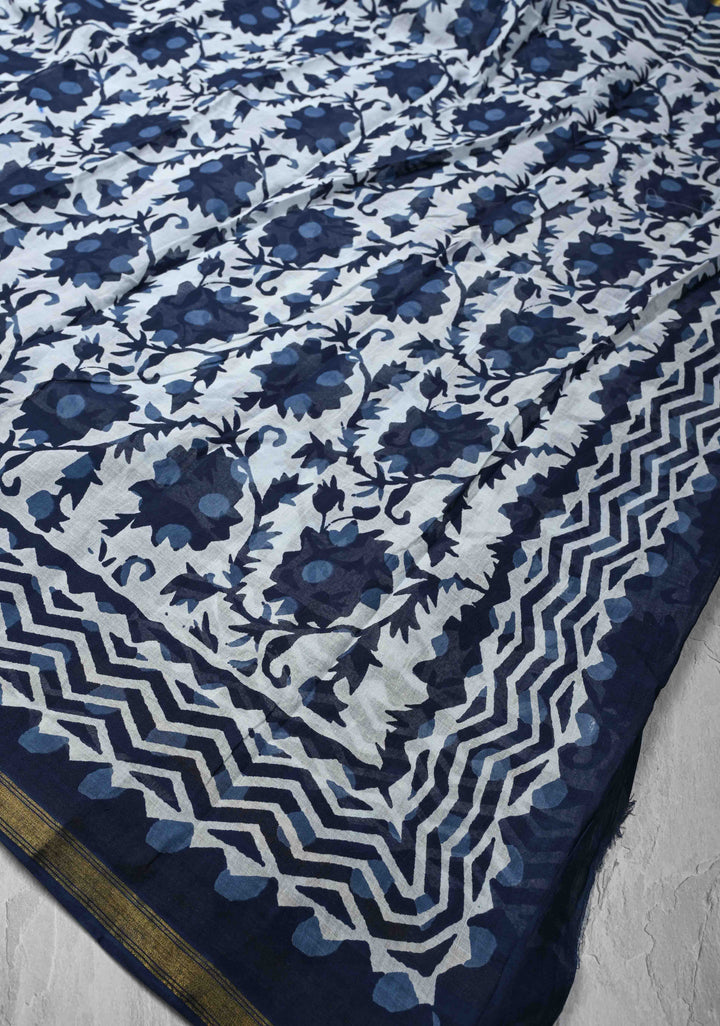 White Pure Chanderi Cotton Saree with Floral Hand Block Print and Minimal Zari Border