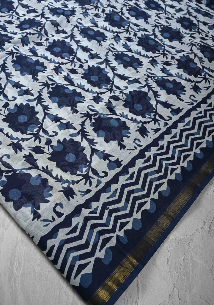 White Pure Chanderi Cotton Saree with Floral Hand Block Print and Minimal Zari Border
