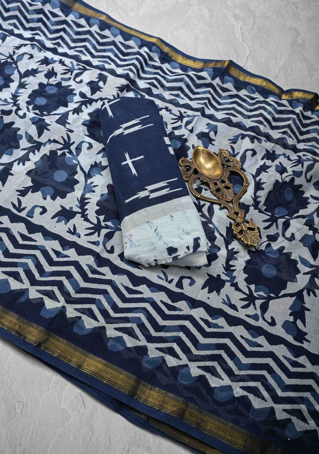 White Pure Chanderi Cotton Saree with Floral Hand Block Print and Minimal Zari Border
