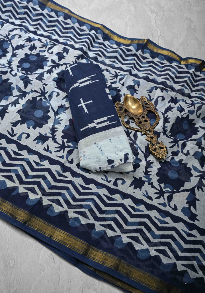 White Pure Chanderi Cotton Saree with Floral Hand Block Print and Minimal Zari Border