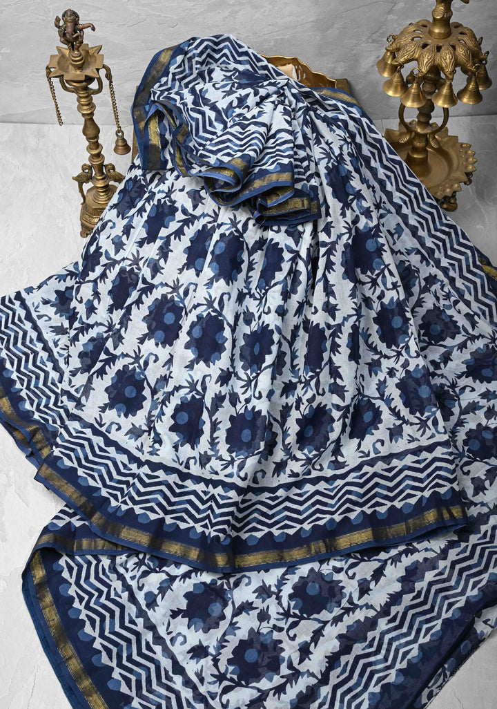 White Pure Chanderi Cotton Saree with Floral Hand Block Print and Minimal Zari Border