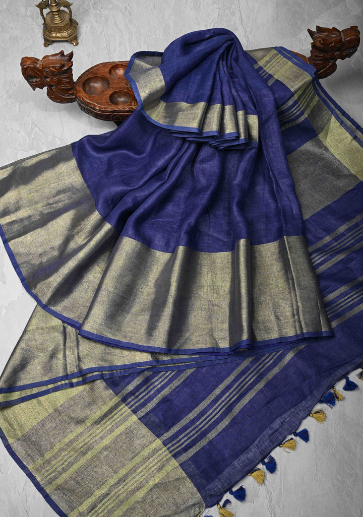 Pale Ink Blue Linen by Linen Saree with Wide Zari Border