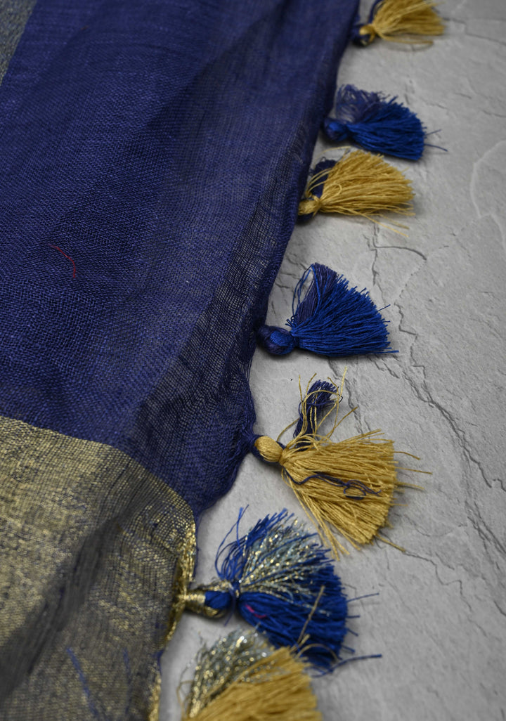 Pale Ink Blue Linen by Linen Saree with Wide Zari Border