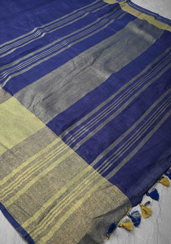 Pale Ink Blue Linen by Linen Saree with Wide Zari Border