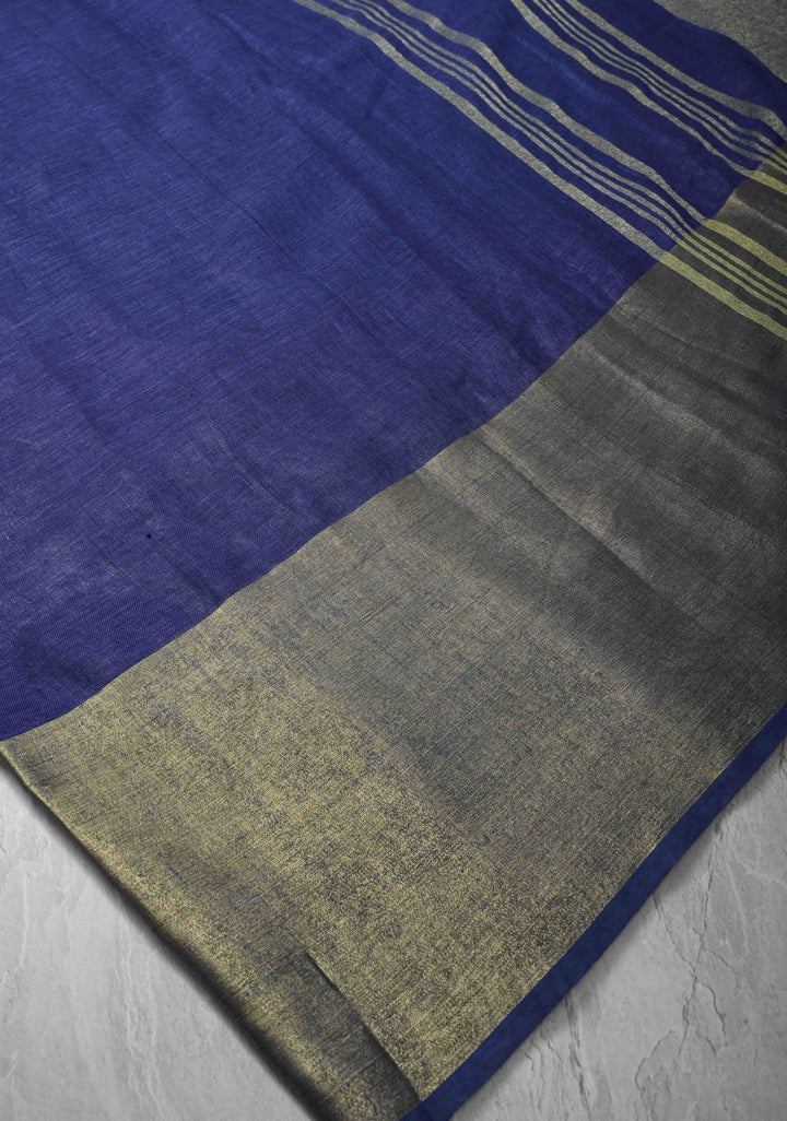 Pale Ink Blue Linen by Linen Saree with Wide Zari Border