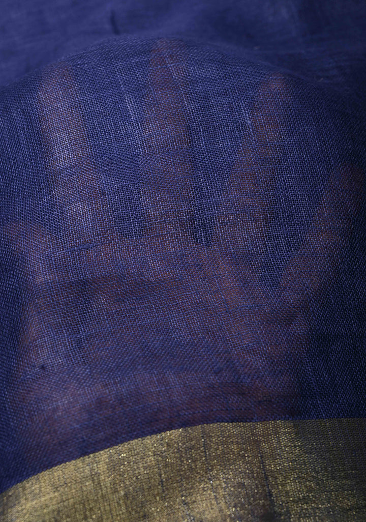 Pale Ink Blue Linen by Linen Saree with Wide Zari Border