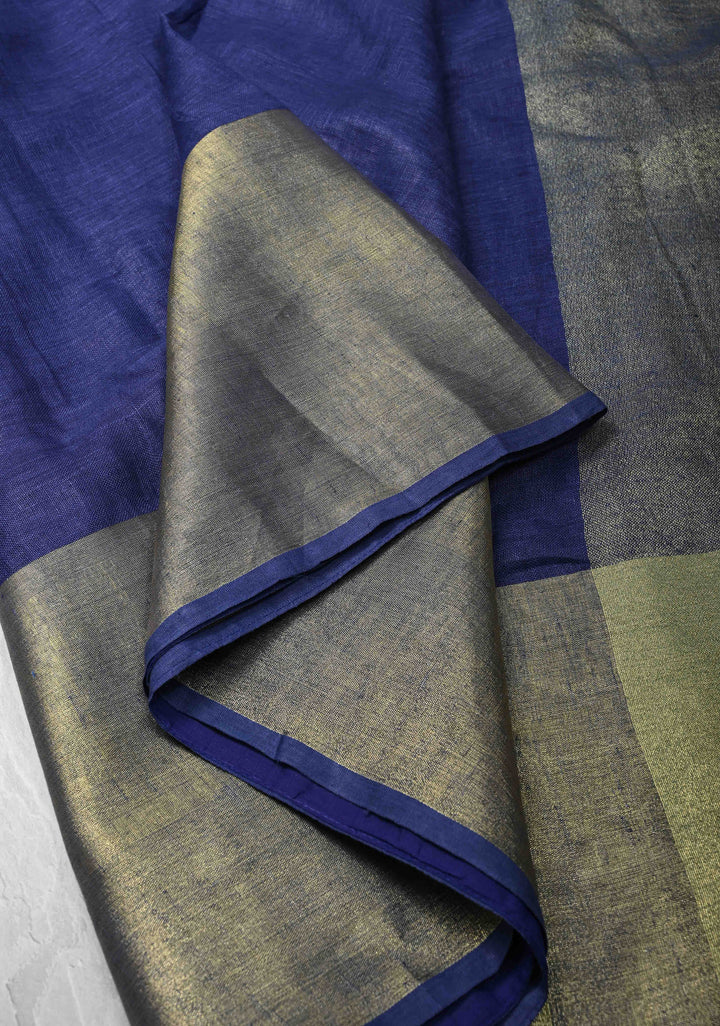 Pale Ink Blue Linen by Linen Saree with Wide Zari Border