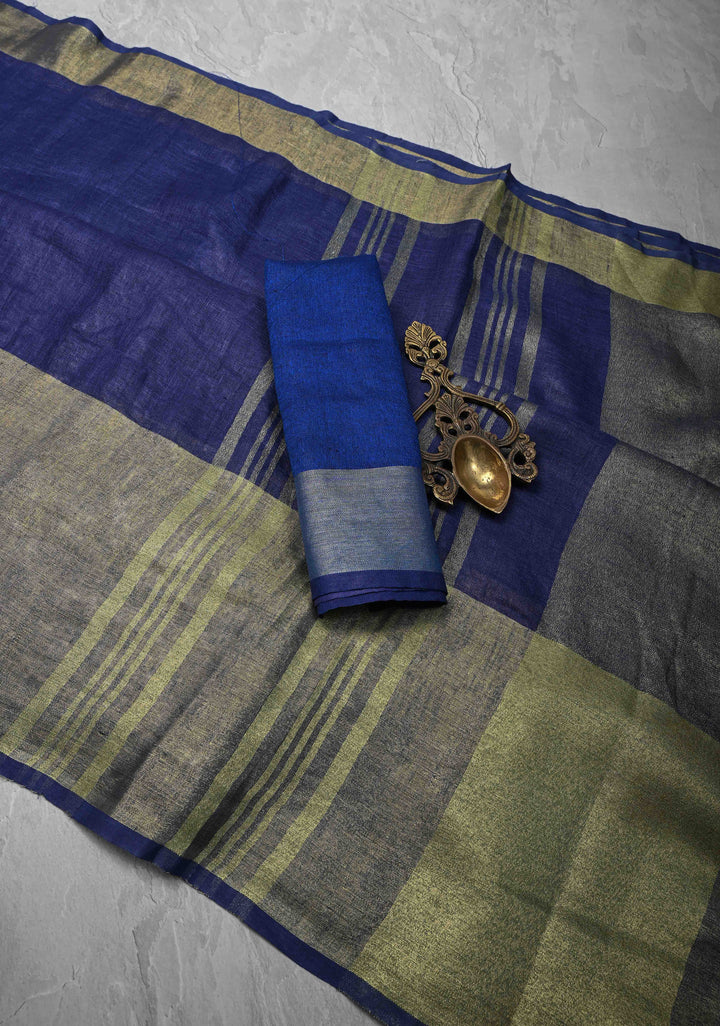 Pale Ink Blue Linen by Linen Saree with Wide Zari Border