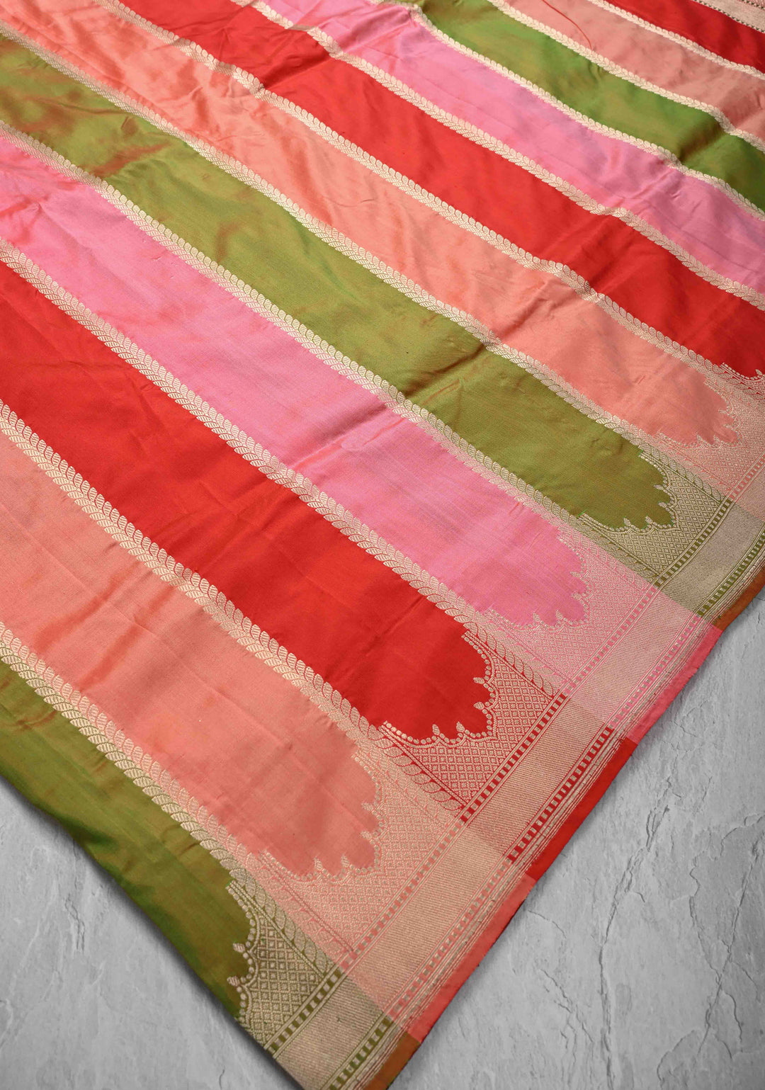 Multicolor Banarasi Katan Silk Saree with Rangkaat Style Jharokha Pattern and Scallop Border | SILK MARK CERTIFIED