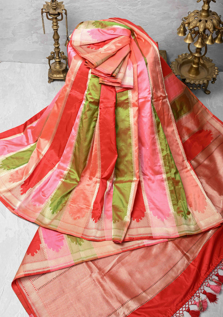Multicolor Banarasi Katan Silk Saree with Rangkaat Style Jharokha Pattern and Scallop Border | SILK MARK CERTIFIED