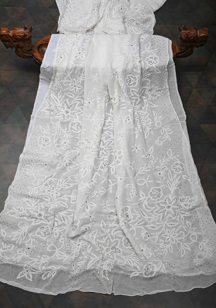 Authentic White Hand Chikankari on Georgette Saree with Floral Jaal and Mukiesh Work